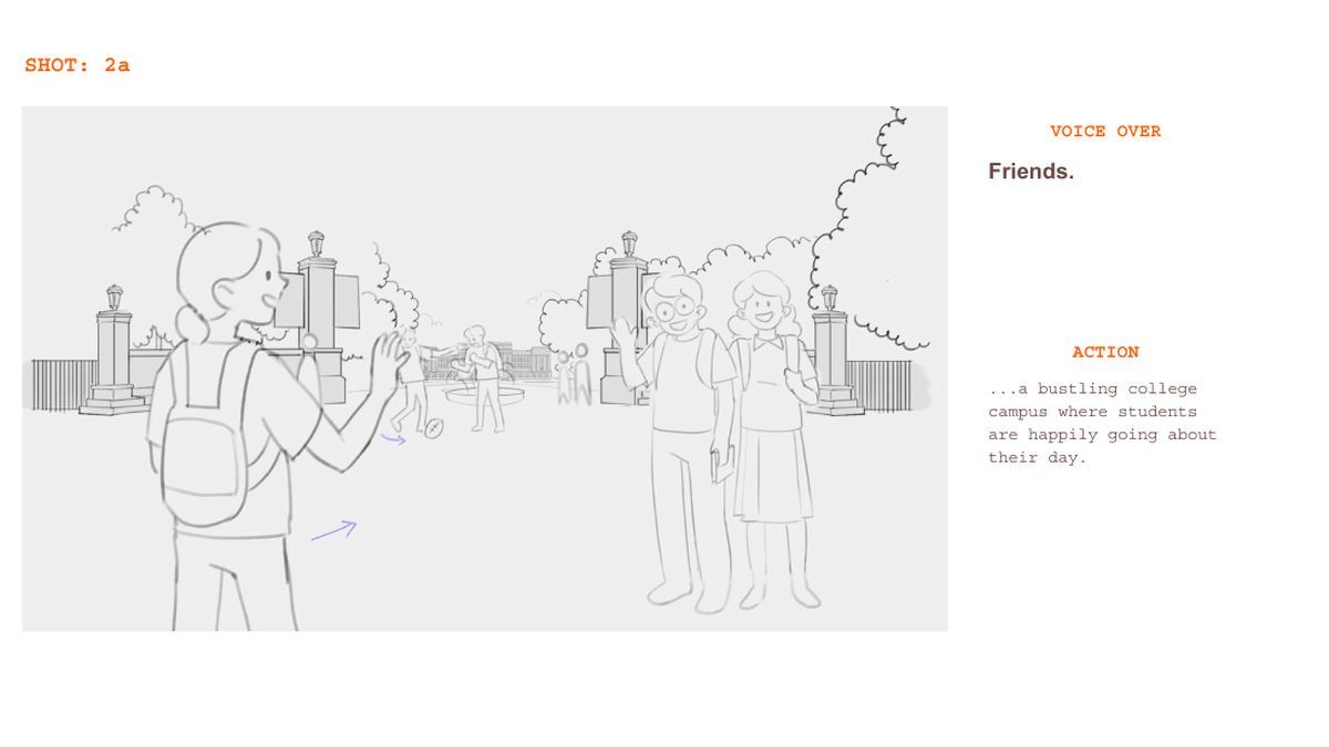 2D character storyboard example: students waving to each other at a college campus gate
