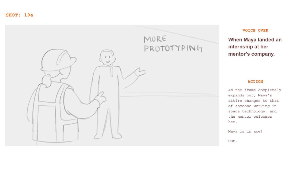 2D character storyboard example: Maya in a hard hat meeting her mentor beside the words More Prototyping