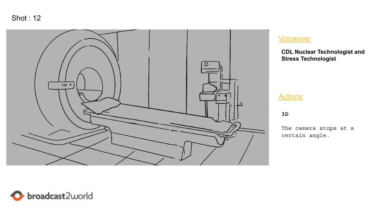 3D storyboard example: a sketched nuclear imaging scanner and patient bed with a camera note
