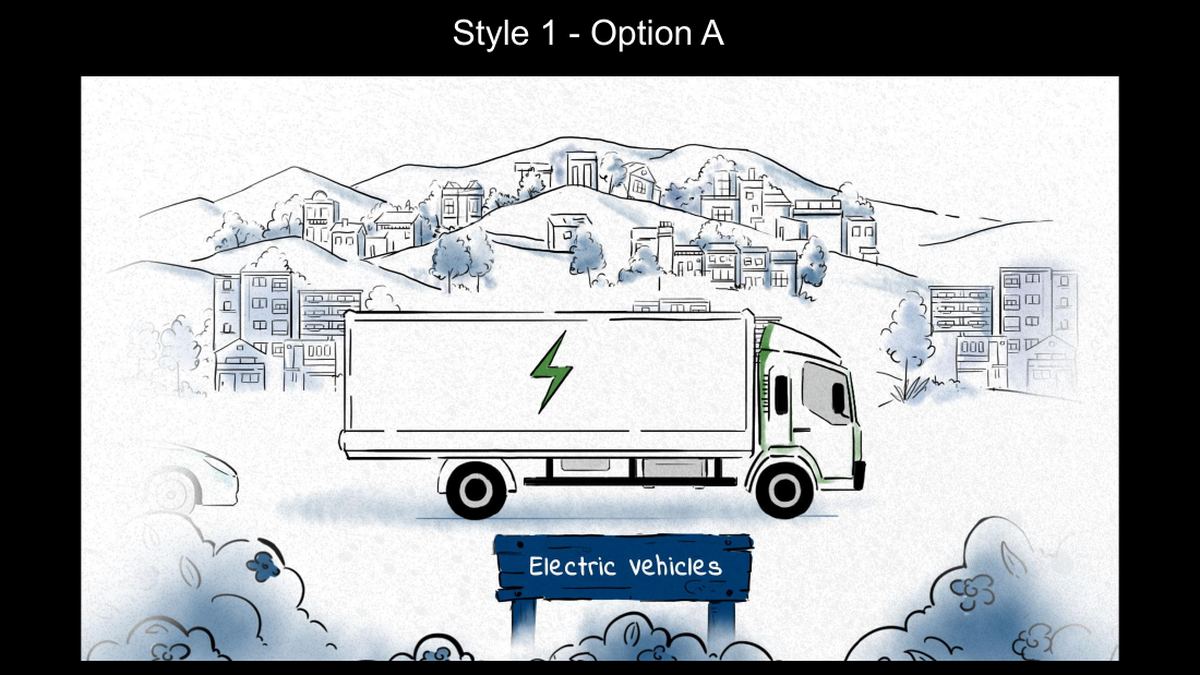 Style frame option 1: an electric truck drawn in ink with soft blue watercolour hills and an Electric vehicles sign