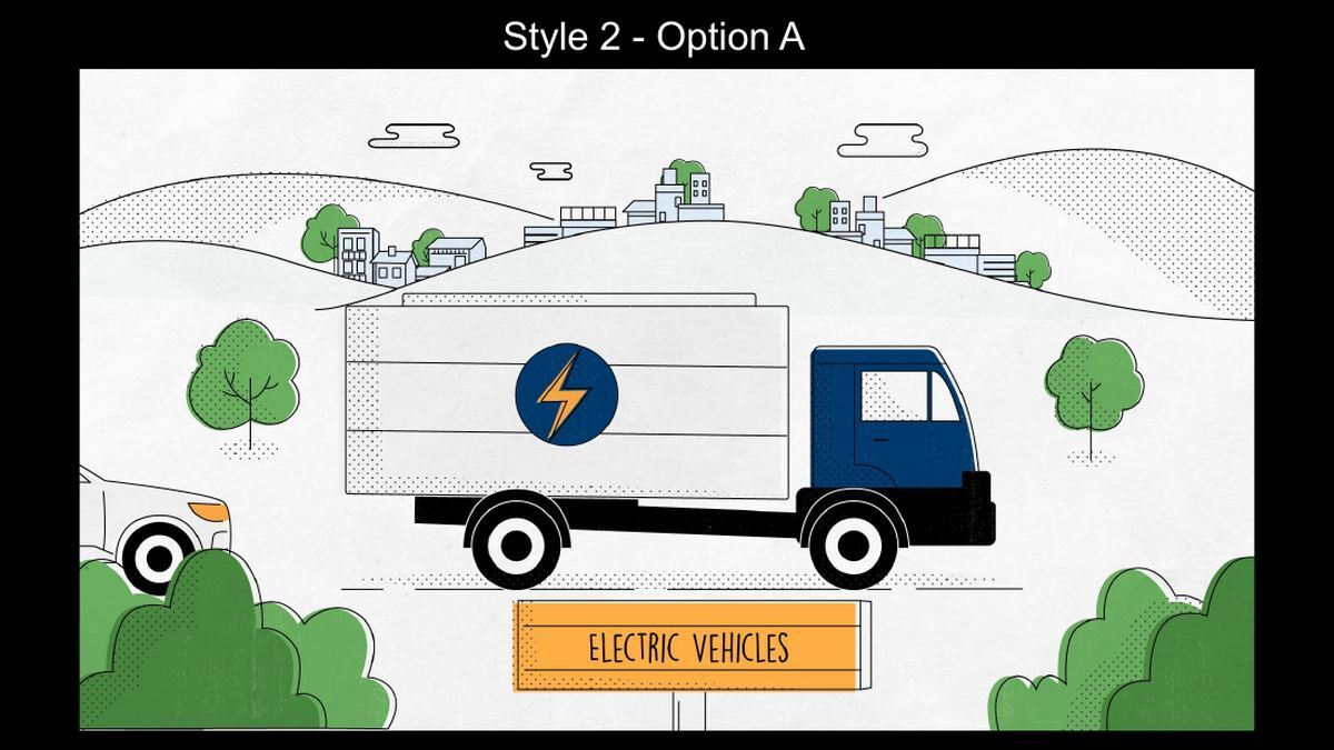 Style frame option 2: a flat colour electric truck with a navy cab, green trees and an orange Electric vehicles sign