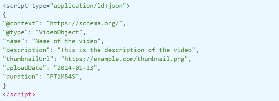 schema markup code for video seo